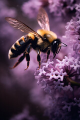 Fototapeta premium Macro of a graphic Bumble bee landing on flowers, flying towards, purple, violet, flowers, Generative AI