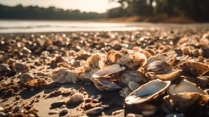 Fototapeta na wymiar A beach with many oyster shells. Generative AI. 