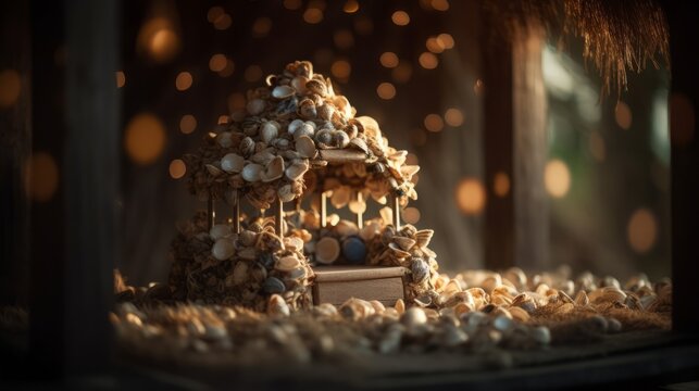 A beach with many oyster shells and a small shrine built out of them for grotto day. Generative AI. 