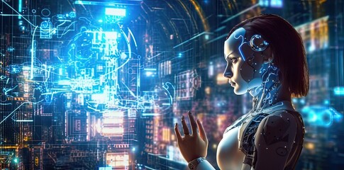 Fototapeta premium a futuristic image of a robot looking at electronic signs, in the style of gesture