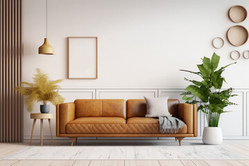 Interior Living Room Wall mockup with leather sofa and plants