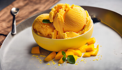 mango ice cream on the bowl with mango cubes ,AI generated