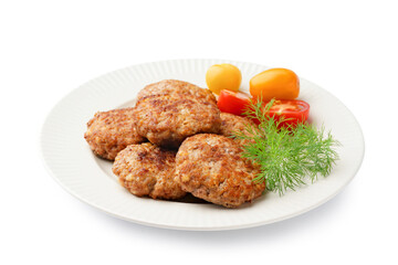 Plate with cutlets, dill and tomatoes on white background