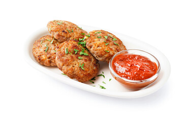 Plate with cutlets, chopped parsley and ketchup on white background