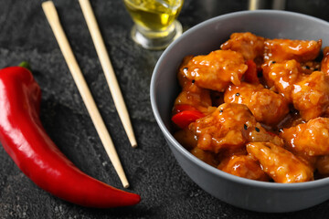 Bowl with tasty sweet and sour chicken on dark background, closeup