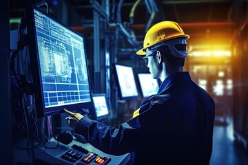 Engineer working on computer in control room. Engineering and technology concept