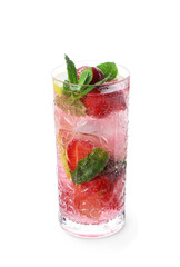 Glass of fresh strawberry mojito isolated on white background