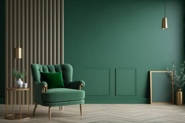 Living room with a green armchair with an empty wall in dark green color