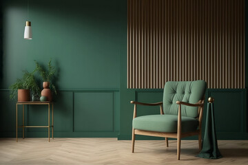 Living room with a green armchair with an empty wall in dark green color
