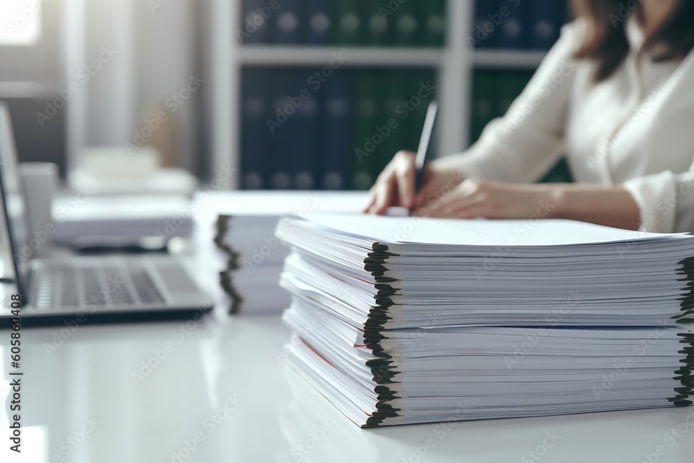 Poster ai generated: closeup of man's hand working on stack of document files for business report