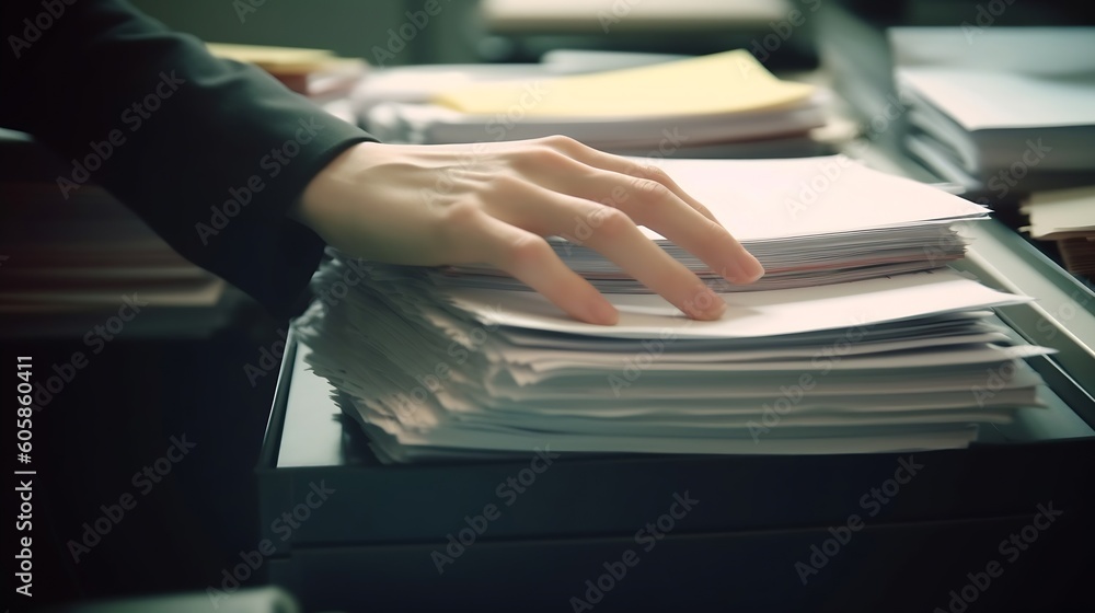 Poster ai generated: closeup of man's hand working on stack of document files for business report