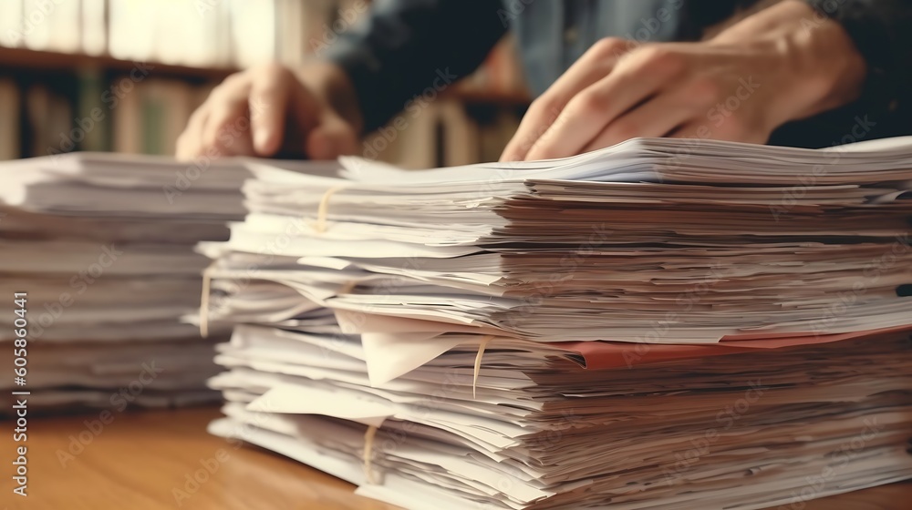 Poster ai generated: closeup of man's hand working on stack of document files for business report