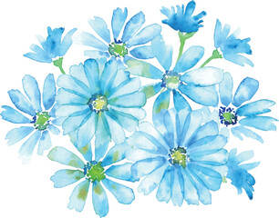 水彩画。水彩タッチの青い花ベクターイラスト。爽やかな夏のフラワー背景。Watercolor painting. Blue flowers vector illustration with watercolor touch. Fresh summer flower background.