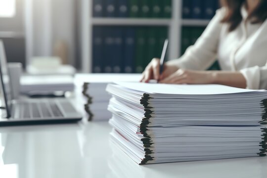 AI generated: Closeup of Man's Hand Working on Stack of Document Files for Business Report