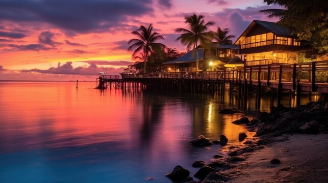 Sunset on a luxury beach resort. Tropical vacation with the ocean, boats, and hotel. Travel relaxing at the shore at dawn.