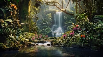 Tropical rainforest waterfall in the jungle landscape. Palm trees pond misty morning flowers and tropics. - obrazy, fototapety, plakaty