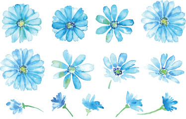 Fototapeta na wymiar 水彩画。水彩タッチの青い花ベクターイラスト。爽やかな夏のフラワー背景。Watercolor painting. Blue flowers vector illustration with watercolor touch. Fresh summer flower background.