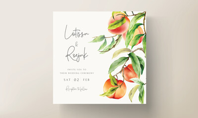 wedding invitation card with watercolor peach fruit and green leaves hand drawn