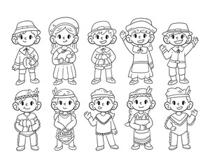 Set of thanksgiving character hand-drawn outline sketch illustration