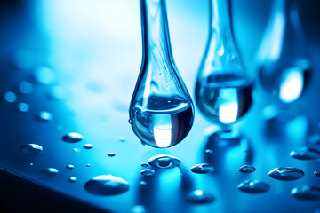 Droplet blue liquid and droplet lab for science test, chemistry lab research and medical concept background 