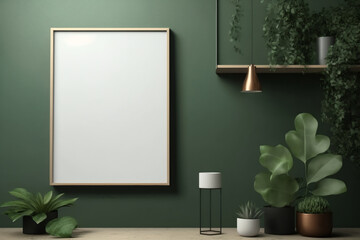 Mockup poster frame in green minimalist interior background