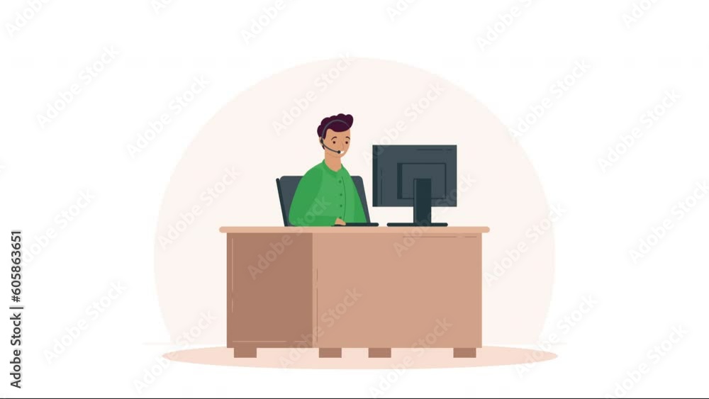 Poster worker man using desktop animation