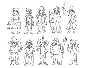 Fototapeta na wymiar Set of halloween costume character hand-drawn outline sketch illustration