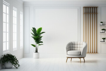 Modern Minimalist Interior with white wall and armchair