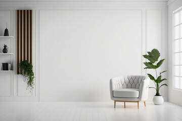 Modern Minimalist Interior with white wall and armchair - obrazy, fototapety, plakaty