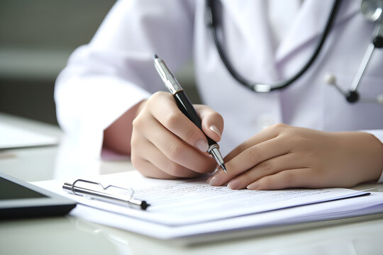 Doctor filling out patient's medical history in office, closeup 