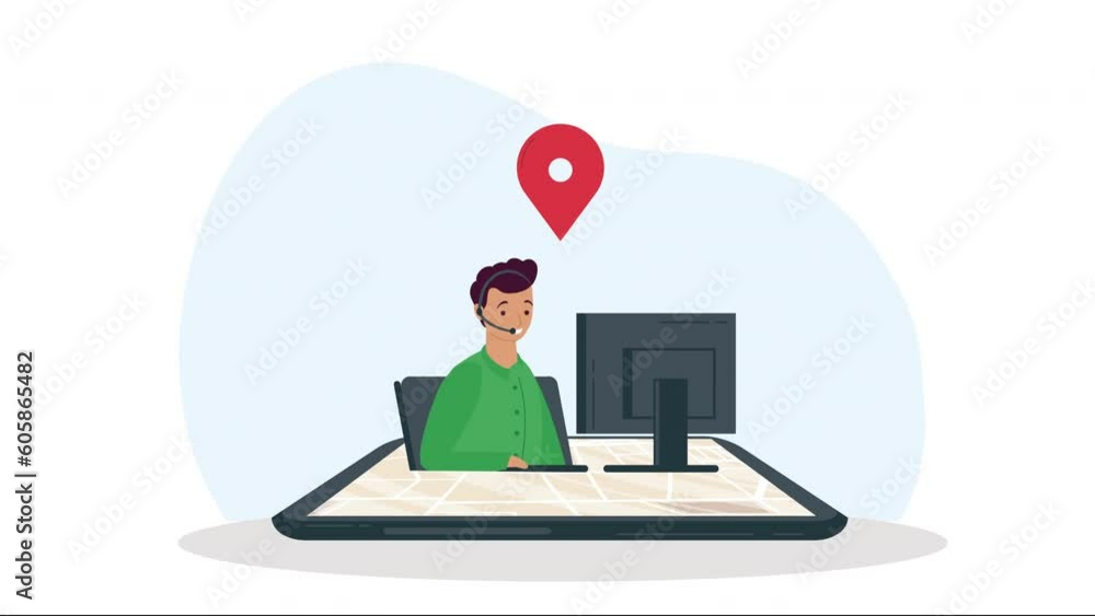 Poster worker man using desktop animation