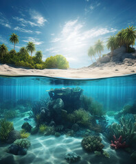Tropical Island  And colorful Coral Reef Underwater . AI generated Illustration.