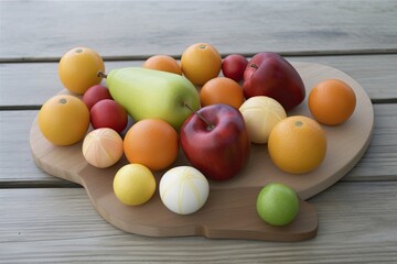 colorful arrangement of fresh fruits on a wooden platter Generative AI