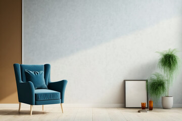 Wall mockup interior in warm tones and with blue armchair with white wall