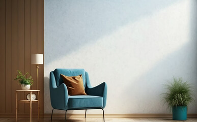 Wall mockup interior in warm tones and with blue armchair with white wall