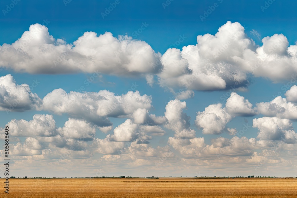 Poster vast open field with scattered clouds in the sky generative ai