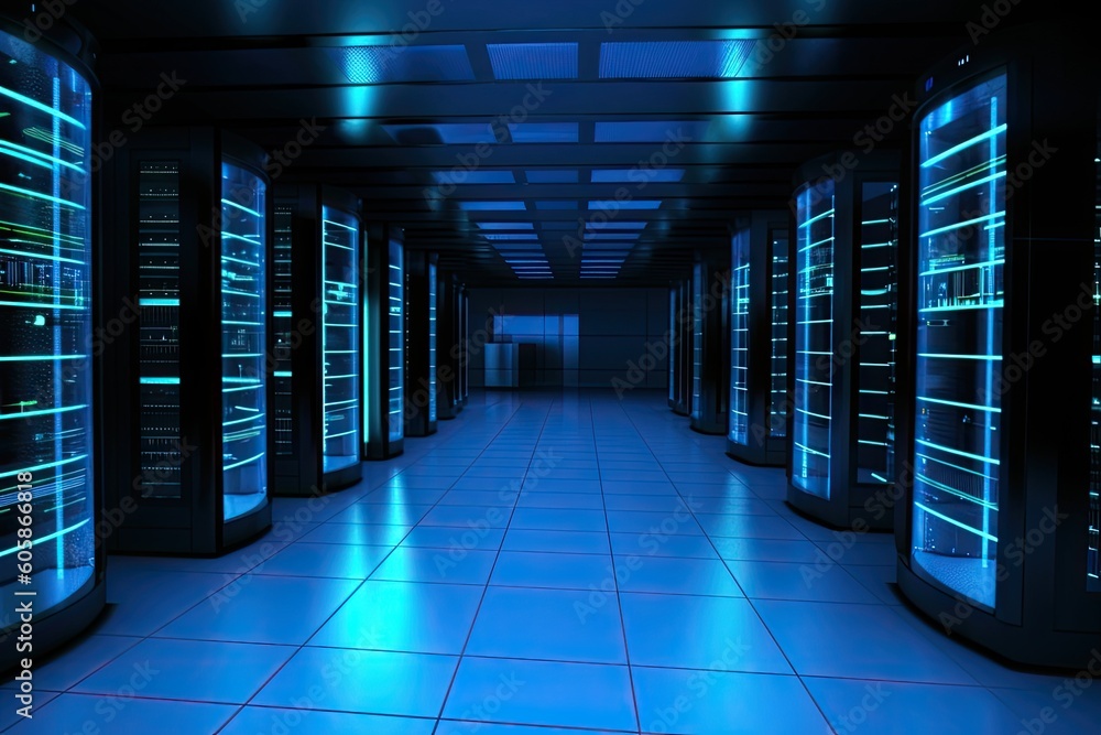Poster large data center filled with rows of servers generative ai
