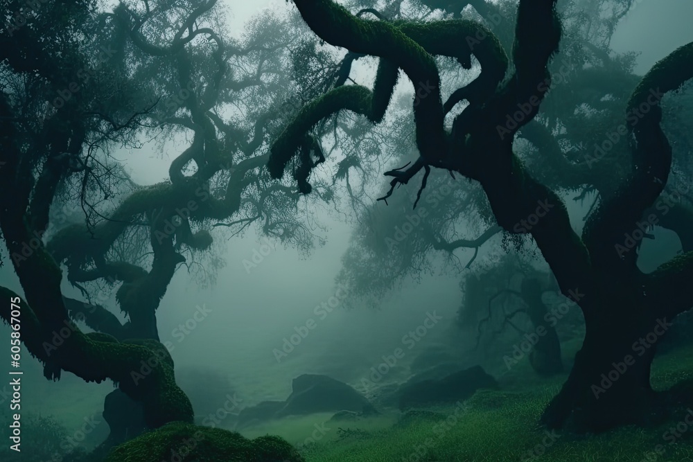 Aufkleber misty forest with dense trees generative ai