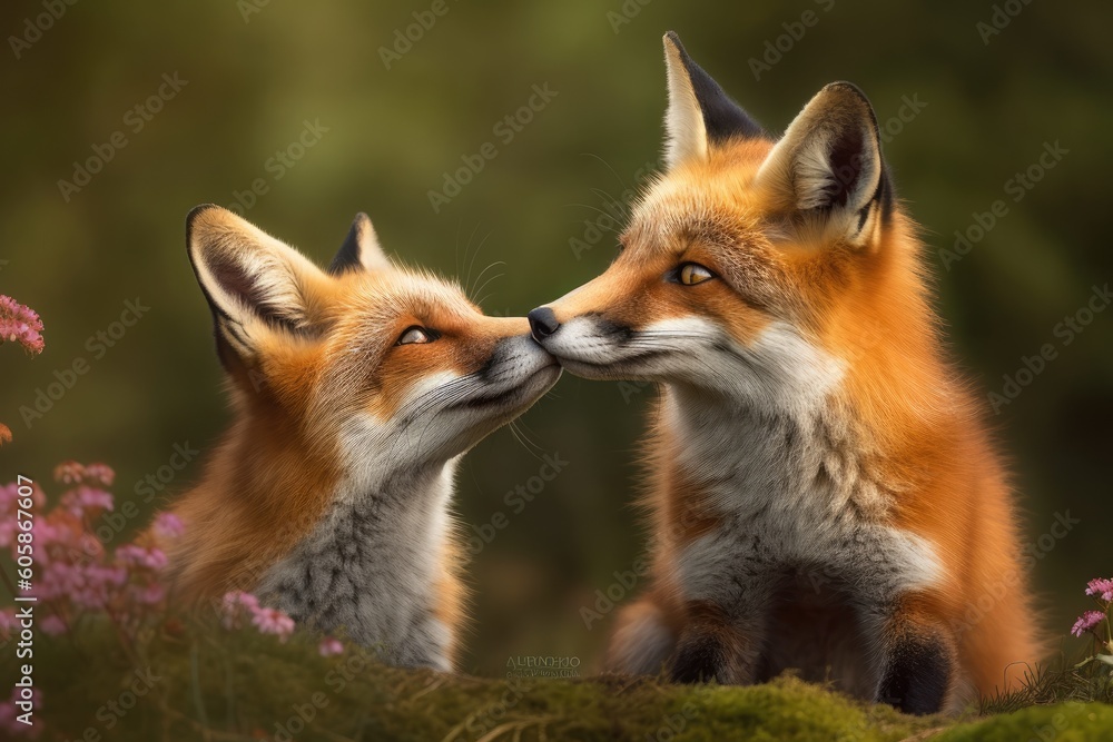 Poster two foxes standing side by side in a forest setting generative ai