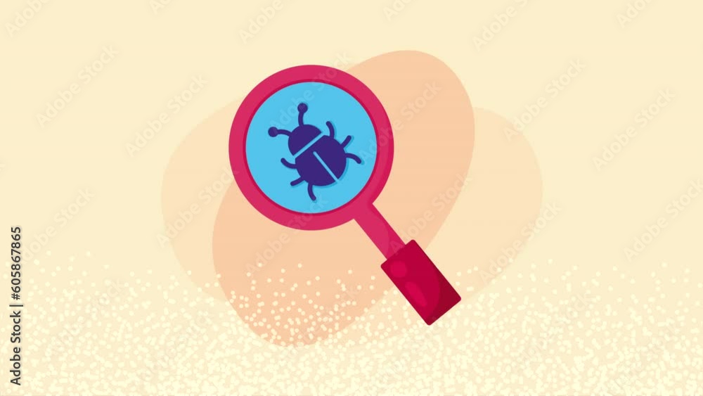 Poster magnifying glass with bug cyber security animation