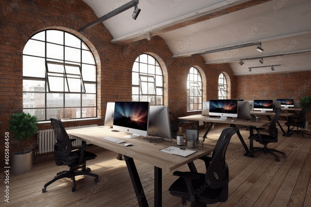 Poster busy office with rows of computer-filled desks generative ai