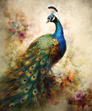Abstract Peacock Painting . AI generated Illustration.