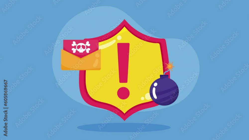 Poster shield with alert symbol cyber security animation