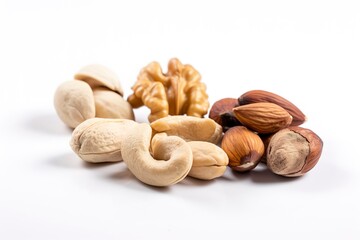 Cashew nuts, almond, hazelnut and blanched peanuts isolated on white background, generate ai