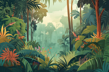 Tropical jungle background, Amazon forest, wildlife, animal, waterfall, exotic birds, trees, nature, art - obrazy, fototapety, plakaty