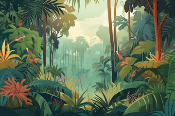 Fotobehang Tropical jungle background, Amazon forest, wildlife, animal, waterfall, exotic birds, trees, nature, art © Bernice