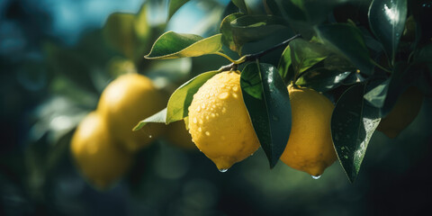 Fresh ripe lemons hanging on a lemon tree branch in sunny garden. Generative ai background, copy space - obrazy, fototapety, plakaty