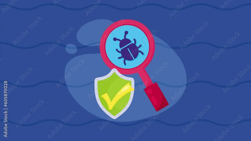 Poster magnifying glass with bug cyber security animation