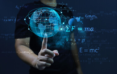 Spinning globe with finger and mathematical and physics equations floating. Equation of...
