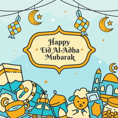 Hand drown Islamic holiday template, suitable for Ramadan, Eid Fitri, Eid Adha and Maulid.